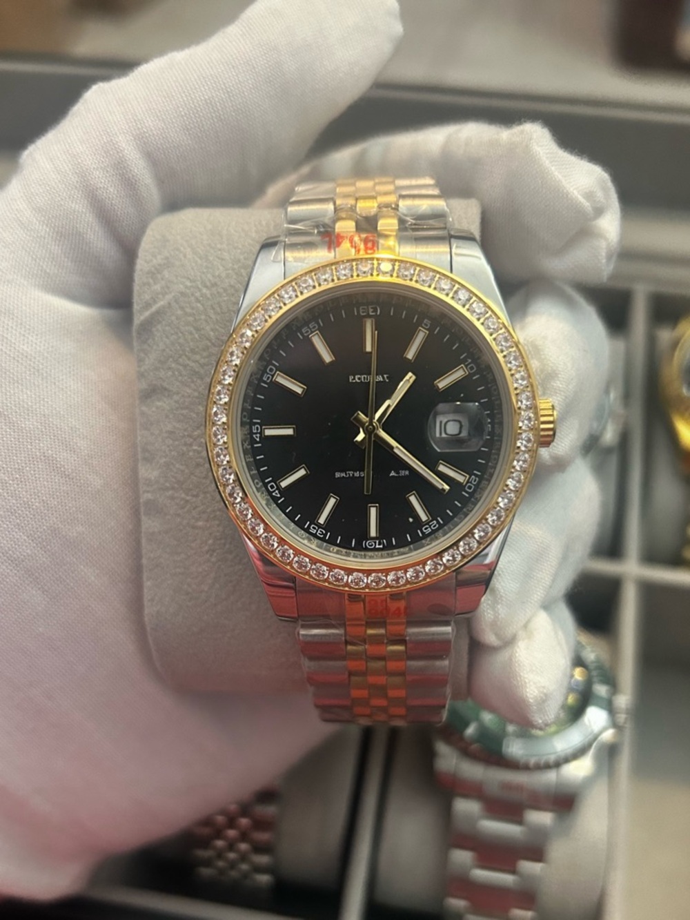 Two-Tone Black Dial Watch with Crystal Bezel